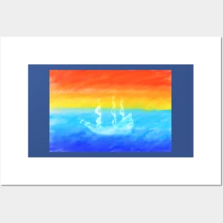 sunset art, sunrise art, pirate ship, boat art, Posters and Art